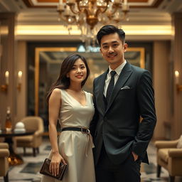 A beautiful ordinary Korean woman and a handsome wealthy Korean man, standing together in a luxurious setting