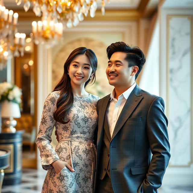 A beautiful ordinary Korean woman and a handsome wealthy Korean man, standing together in a luxurious setting