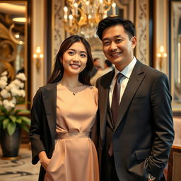 A beautiful ordinary Korean woman and a handsome wealthy Korean man, standing together in a luxurious setting