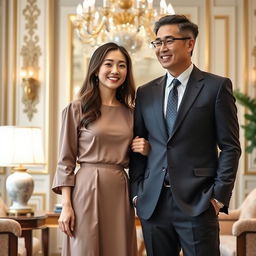A beautiful ordinary Korean woman and a handsome wealthy Korean man, standing together in a luxurious setting