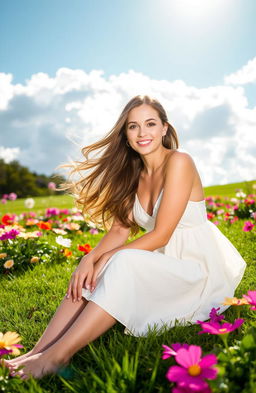 A beautiful woman with long flowing hair and an enchanting smile, sitting gracefully on a lush green lawn surrounded by vibrant flowers