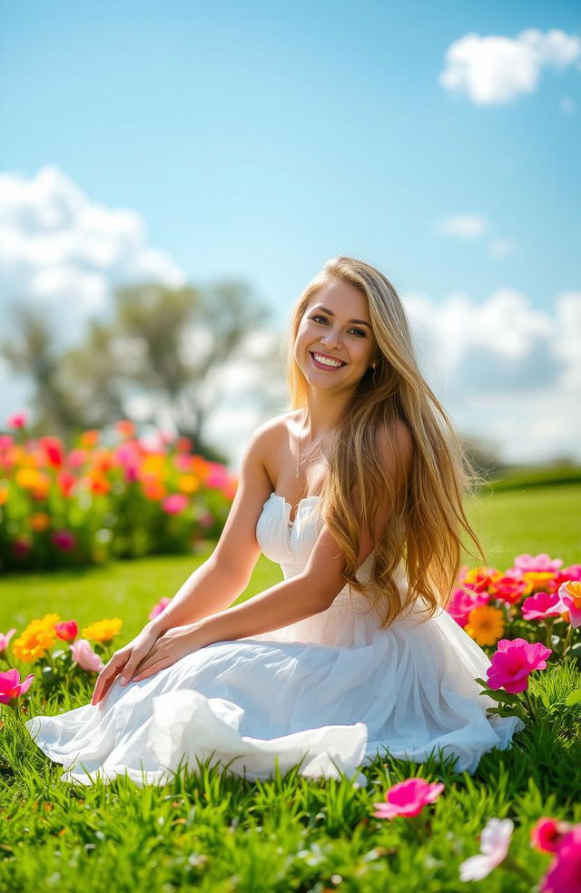 A beautiful woman with long flowing hair and an enchanting smile, sitting gracefully on a lush green lawn surrounded by vibrant flowers