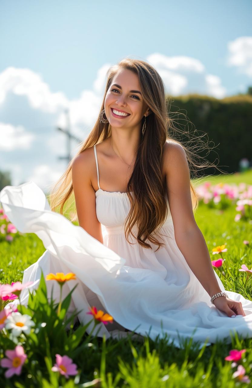 A beautiful woman with long flowing hair and an enchanting smile, sitting gracefully on a lush green lawn surrounded by vibrant flowers