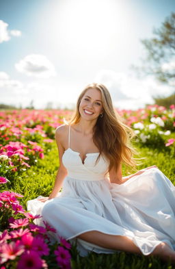 A beautiful woman with long flowing hair and an enchanting smile, sitting gracefully on a lush green lawn surrounded by vibrant flowers