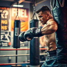 A dynamic and intense scene capturing the essence of 'boxing fuel', focusing on a professional boxer preparing for an upcoming match