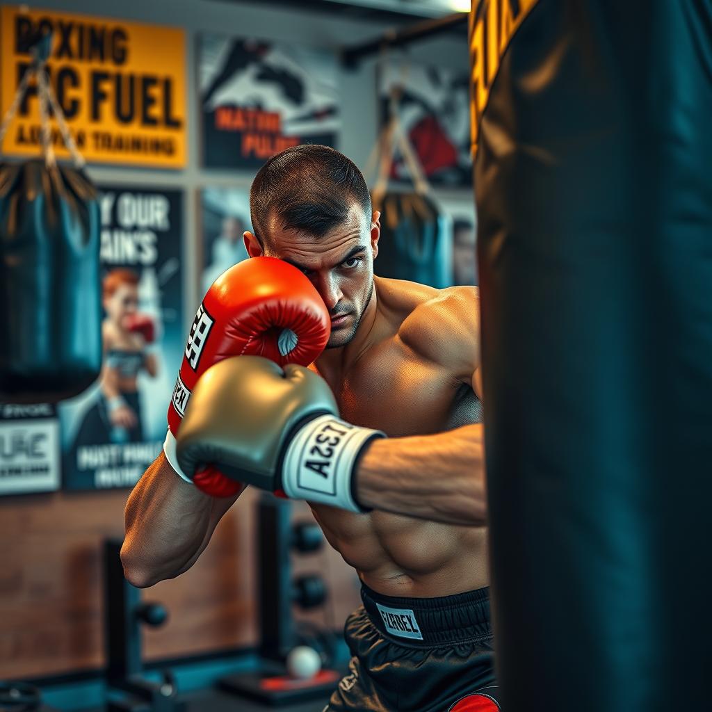 A dynamic and intense scene capturing the essence of 'boxing fuel', focusing on a professional boxer preparing for an upcoming match