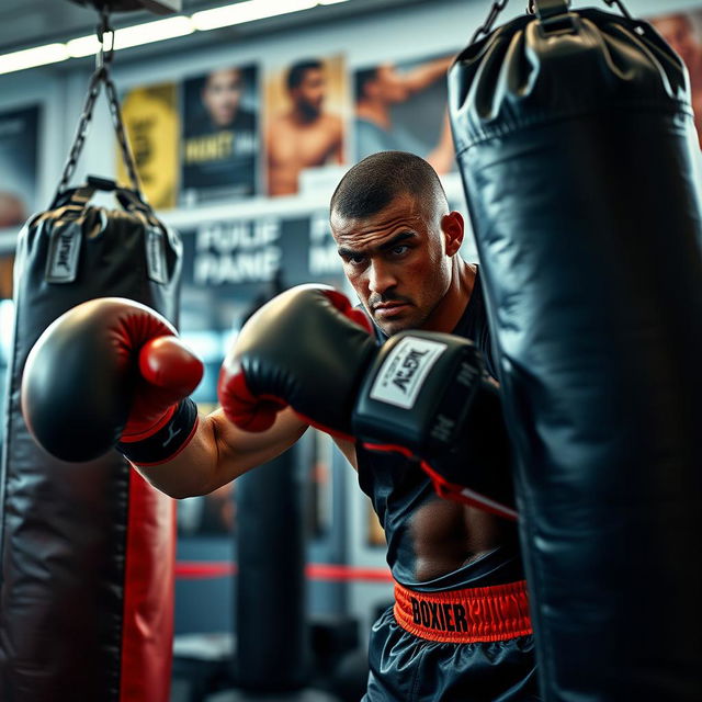 A dynamic and intense scene capturing the essence of 'boxing fuel', focusing on a professional boxer preparing for an upcoming match