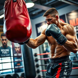 A dynamic and intense scene capturing the essence of 'boxing fuel', focusing on a professional boxer preparing for an upcoming match