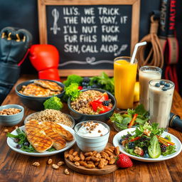An aesthetically arranged table showcasing a selection of nutritious food specifically designed to fuel a boxer