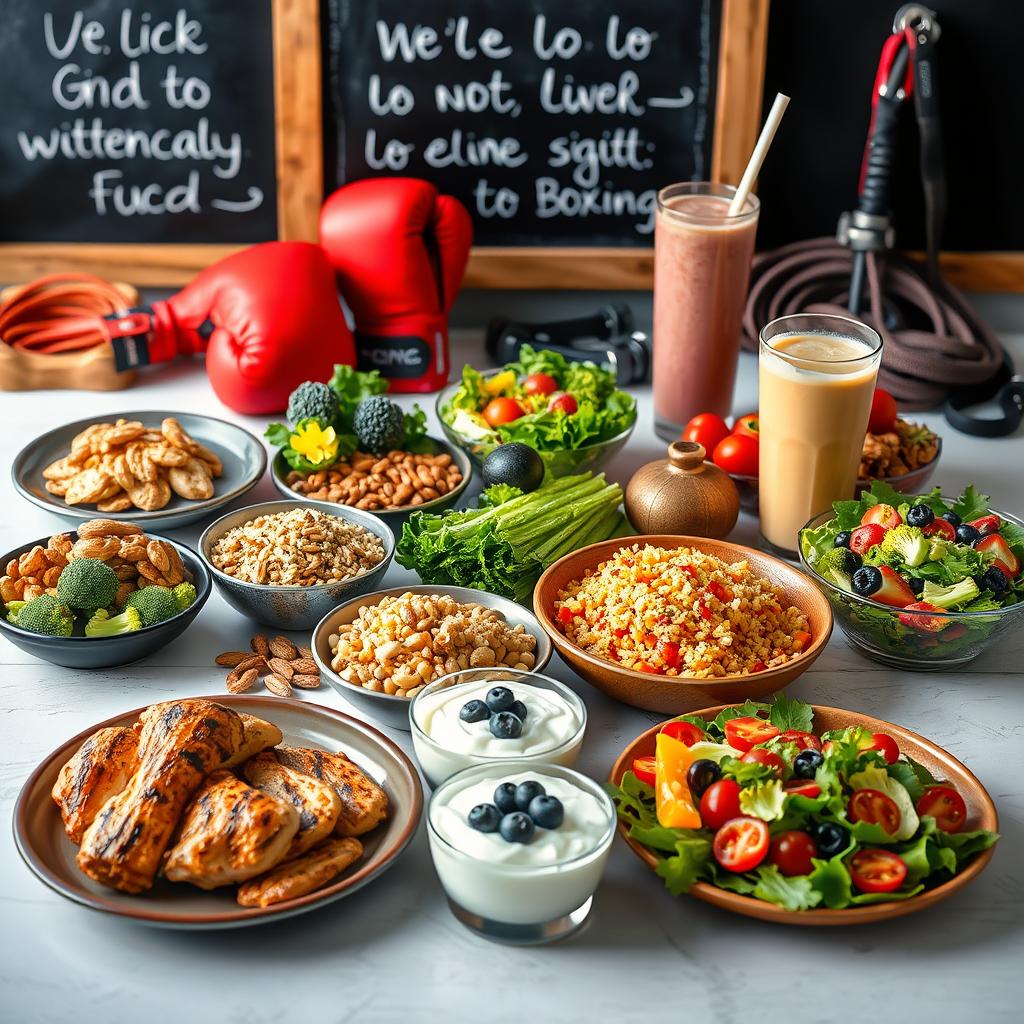 An aesthetically arranged table showcasing a selection of nutritious food specifically designed to fuel a boxer