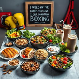 An aesthetically arranged table showcasing a selection of nutritious food specifically designed to fuel a boxer