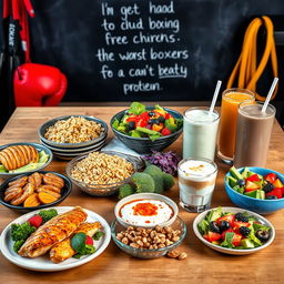 An aesthetically arranged table showcasing a selection of nutritious food specifically designed to fuel a boxer