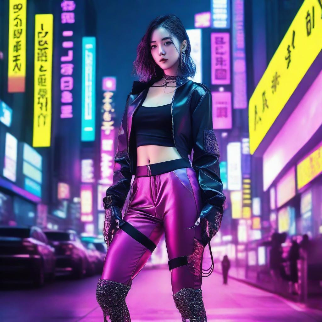 A beautiful Korean girl adorned in a sleek, long pants cyberpunk attire, fiercely engaged in combat amidst the vibrant neon hues of a high-tech, futuristic Seoul