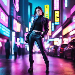 A beautiful Korean girl adorned in a sleek, long pants cyberpunk attire, fiercely engaged in combat amidst the vibrant neon hues of a high-tech, futuristic Seoul