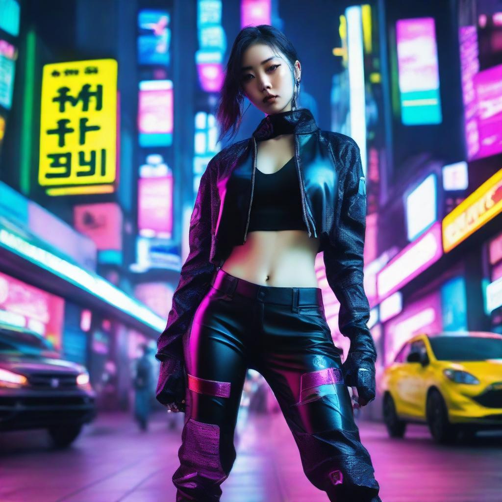 A beautiful Korean girl adorned in a sleek, long pants cyberpunk attire, fiercely engaged in combat amidst the vibrant neon hues of a high-tech, futuristic Seoul