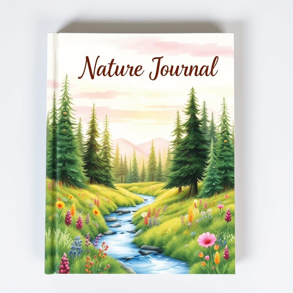 A beautifully designed nature journal cover featuring a stunning watercolor landscape