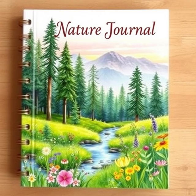 A beautifully designed nature journal cover featuring a stunning watercolor landscape