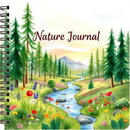 A beautifully designed nature journal cover featuring a stunning watercolor landscape