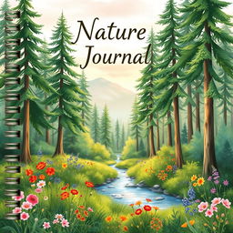 A beautifully designed nature journal cover featuring a stunning watercolor landscape