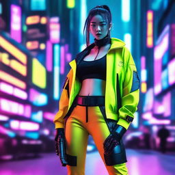 A beautiful Korean girl adorned in a sleek, long pants cyberpunk attire, fiercely engaged in combat amidst the vibrant neon hues of a high-tech, futuristic Seoul