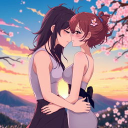 An anime-style illustration featuring a romantic and intimate scene between two attractive adult characters in a brightly colored and dynamic environment