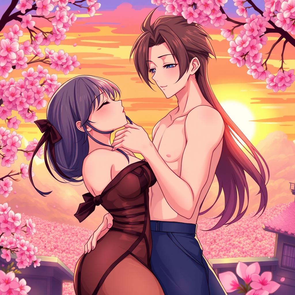 An anime-style illustration featuring a romantic and intimate scene between two attractive adult characters in a brightly colored and dynamic environment