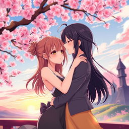 An anime-style illustration featuring a romantic and intimate scene between two attractive adult characters in a brightly colored and dynamic environment