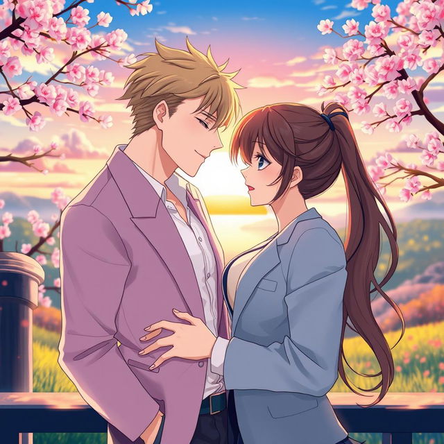 An anime-style illustration featuring a romantic and intimate scene between two attractive adult characters in a brightly colored and dynamic environment