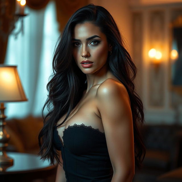 A stunning, artistic portrayal of a beautiful woman with long dark hair and captivating features reminiscent of Gal Gadot, set in an elegant and luxurious environment