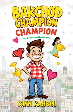 A whimsical book cover design for 'Bakchod Champion: Vivek Bhai Ki Kahani'