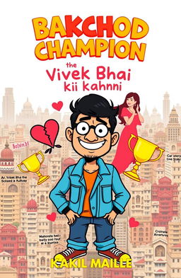 A whimsical book cover design for 'Bakchod Champion: Vivek Bhai Ki Kahani'