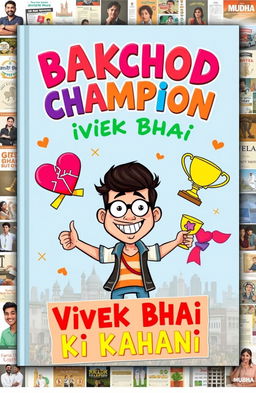 A whimsical book cover design for 'Bakchod Champion: Vivek Bhai Ki Kahani'