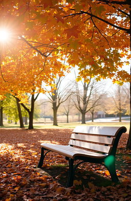 A serene park scene in autumn, featuring a wooden bench under a canopy of vibrant orange, red, and yellow leaves
