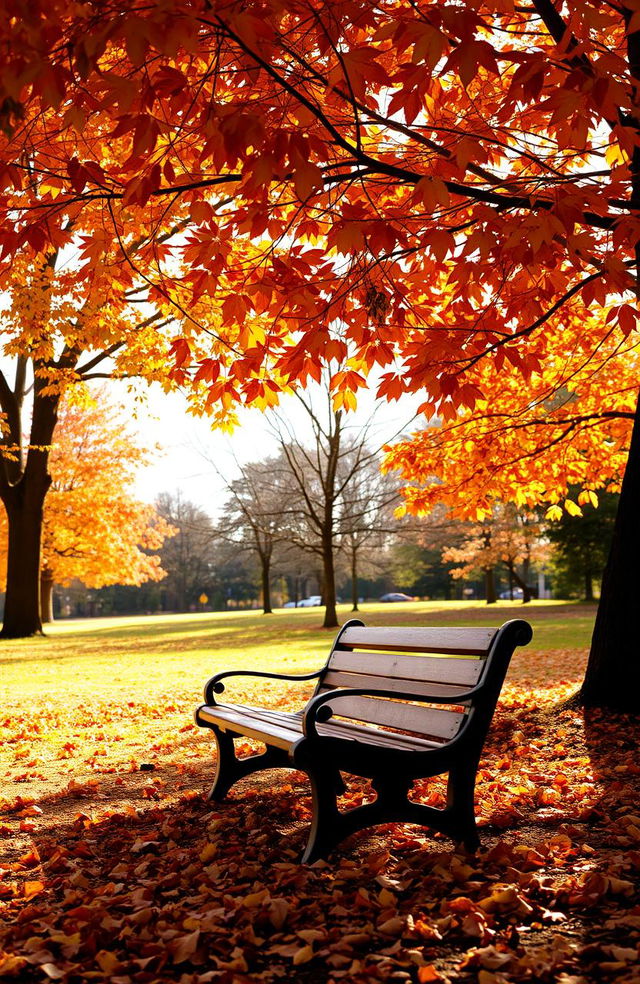 A serene park scene in autumn, featuring a wooden bench under a canopy of vibrant orange, red, and yellow leaves