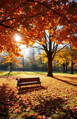 A serene park scene in autumn, featuring a wooden bench under a canopy of vibrant orange, red, and yellow leaves