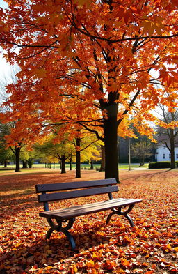 A serene park scene in autumn, featuring a wooden bench under a canopy of vibrant orange, red, and yellow leaves