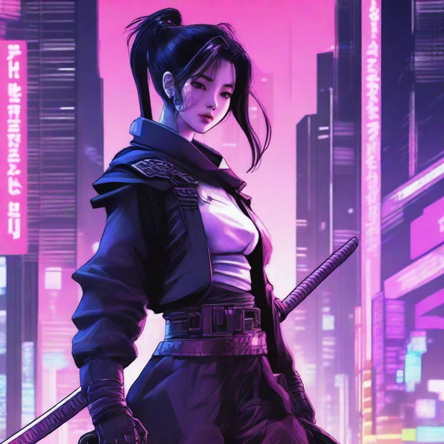 A strikingly beautiful Korean girl, dressed in long pants, cyberpunk-style samurai armor, dramatically drawing her electrified katana amidst the neon-lit skyscrapers of a futuristically reimagined Seoul