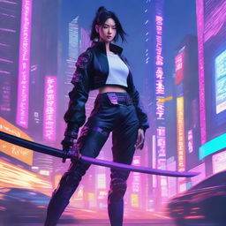 A strikingly beautiful Korean girl, dressed in long pants, cyberpunk-style samurai armor, dramatically drawing her electrified katana amidst the neon-lit skyscrapers of a futuristically reimagined Seoul