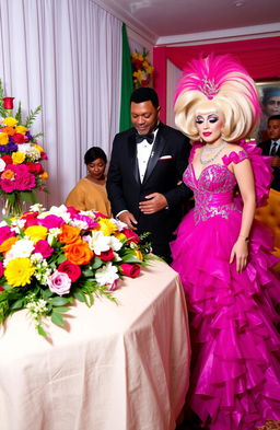 A colorful and unconventional funeral scene featuring a couple in elegant attire, mourning while standing at a beautifully decorated casket surrounded by flowers