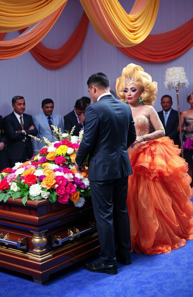 A colorful and unconventional funeral scene featuring a couple in elegant attire, mourning while standing at a beautifully decorated casket surrounded by flowers