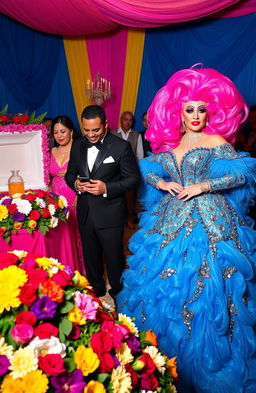 A colorful and unconventional funeral scene featuring a couple in elegant attire, mourning while standing at a beautifully decorated casket surrounded by flowers