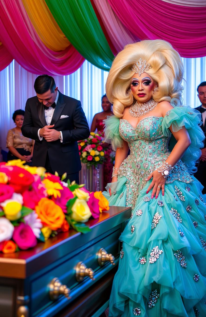 A colorful and unconventional funeral scene featuring a couple in elegant attire, mourning while standing at a beautifully decorated casket surrounded by flowers