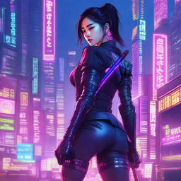 A strikingly beautiful Korean girl, dressed in long pants, cyberpunk-style samurai armor, dramatically drawing her electrified katana amidst the neon-lit skyscrapers of a futuristically reimagined Seoul