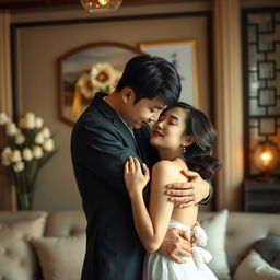 A beautiful, intimate setting featuring a Korean couple in an affectionate embrace