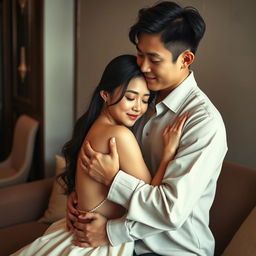 A beautiful, intimate setting featuring a Korean couple in an affectionate embrace