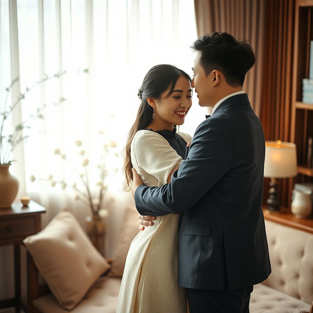 A beautiful, intimate setting featuring a Korean couple in an affectionate embrace