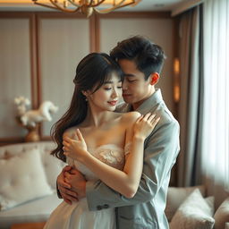 A beautiful, intimate setting featuring a Korean couple in an affectionate embrace