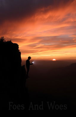 A dramatic sunset illuminating a cliff with a dark silhouette of a boy standing at the edge