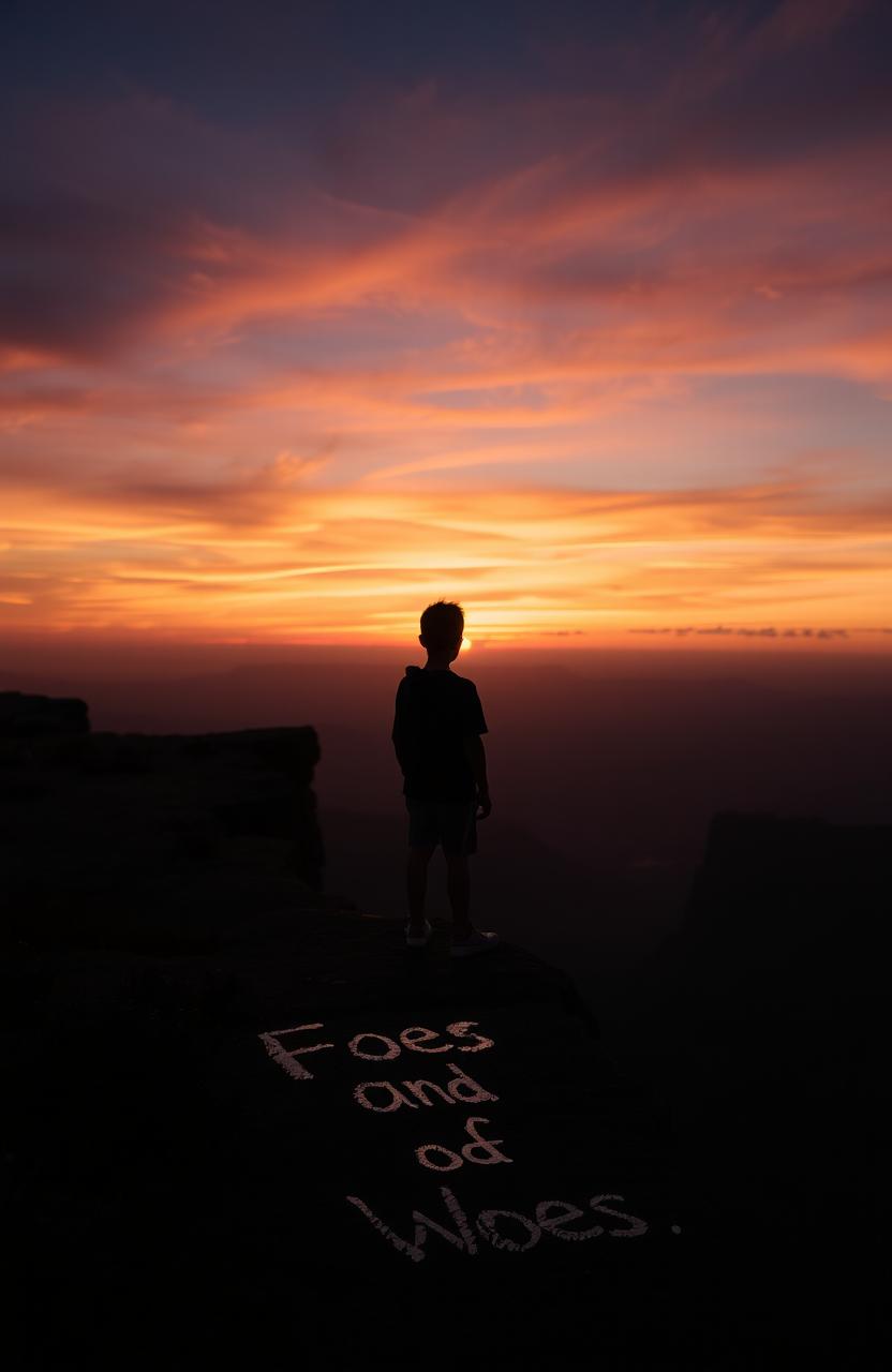 A dramatic sunset illuminating a cliff with a dark silhouette of a boy standing at the edge