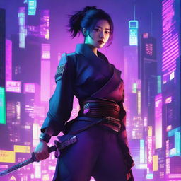 A strikingly beautiful Korean girl, dressed in long pants, cyberpunk-style samurai armor, dramatically drawing her electrified katana amidst the neon-lit skyscrapers of a futuristically reimagined Seoul